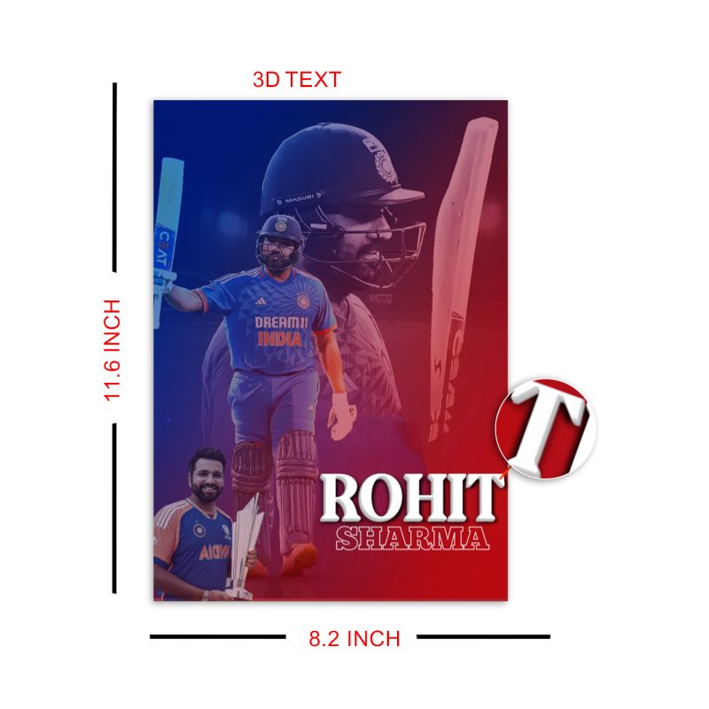 Acrylic Cricketers Player Photo Frame For India Cricket Sports Studio Cafe Wall Frame with 3D Text Gift For Cricket Player, Fans & Achievers Wall Art Decor For Bedroom, Office & Gaming Setup (Rohit Sharma)